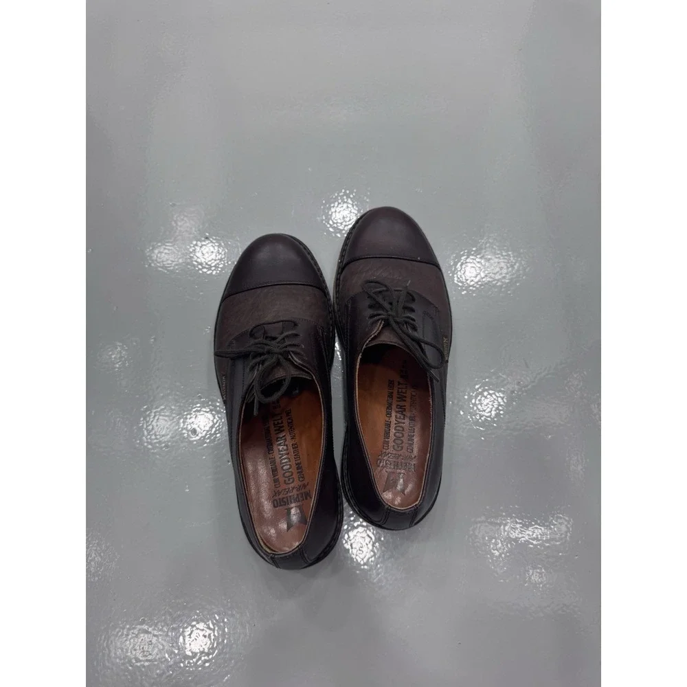 MEPHISTO Men's Brown Leather Cap Toe Lace-Up Derby Dress Shoes Round Toe
